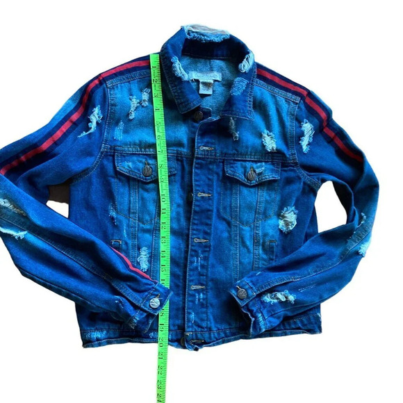 Almost Famous Crave Fame Distressed Denim Jacket Medium, Red Blue Racing Stripes - Picture 6 of 6